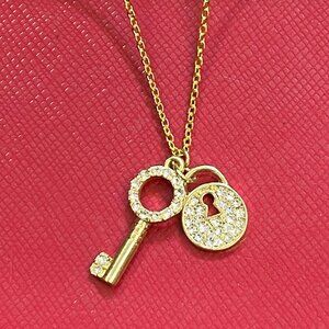 Stainless Steel Gold-Tone Chain CZ Love Pendant Necklace Key-Lock never tarnish